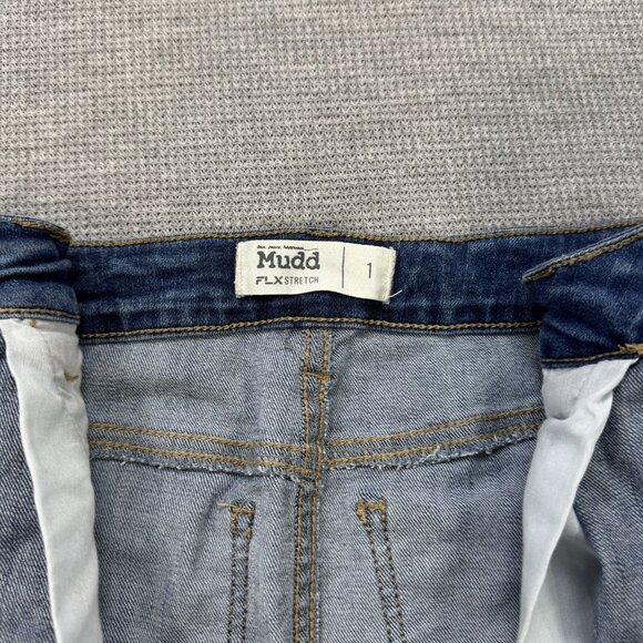 Mudd Womens Blue Distressed Denim Skirt Button Front FLX Stretch Raw Hem Size 1 - Picture 6 of 12